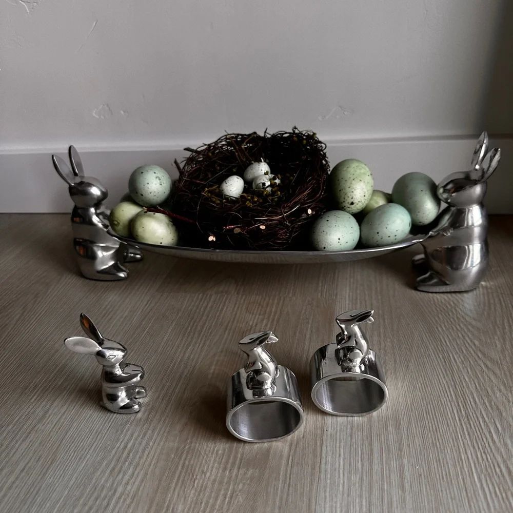 RARE! Crate&Barrel Silver Bunny Napkin Rings and Place Card Holder EASTER 🐣🌸🐇